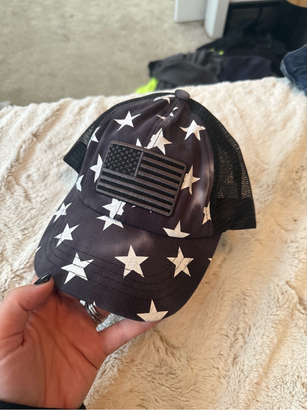 C.C. Boutique Black Star Print Mesh-Back Cap with Flag Patch